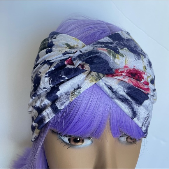 Wide Purple Floral Print Turban Headband, Headwrap - Picture 4 of 5